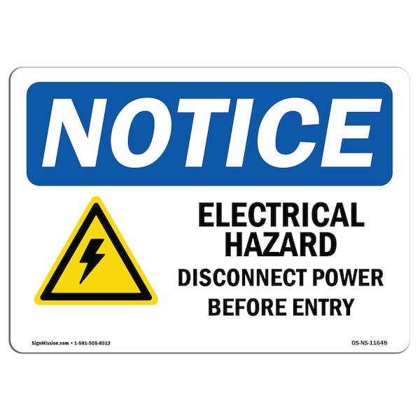 OSHA Sign, 18" H, 24" W, Rigid Plastic, Electrical Hazard Disconnect Sign With Symbol, Landscape